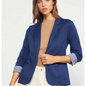 Skies Are Blue Womens S Navy Blue Lightweight Asa Knit Roll Cuff Blazer Spring